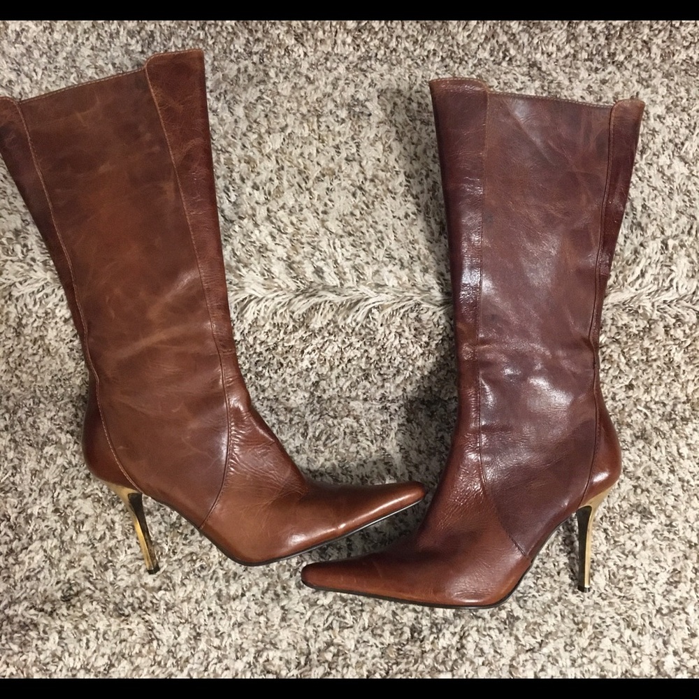 Steve Madden”Tantrum”Distressed Brown Leather Gold Heeled Boots-GUC-Sz 10M
